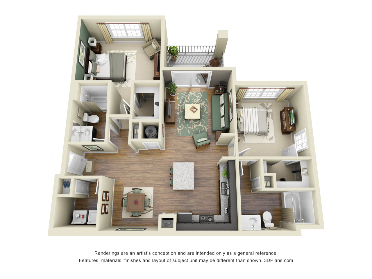 Floor plan for 2 beds, 2 baths, 1159 sqft